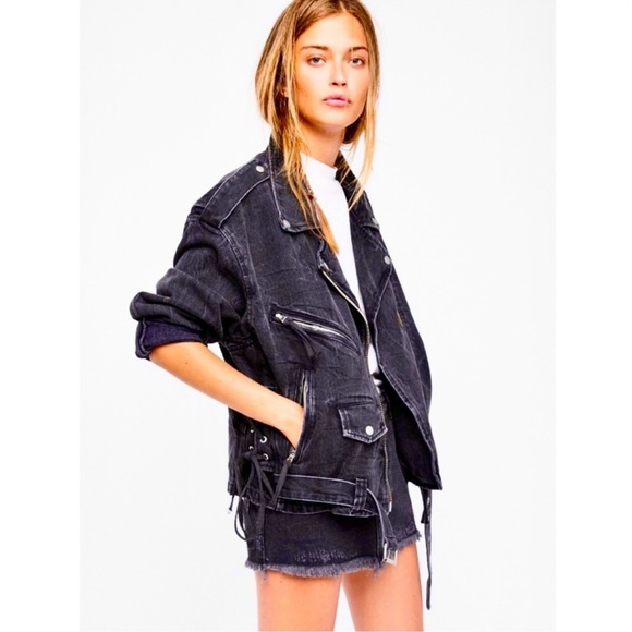 Free People Black Oversized Denim Moto Jacket Corset Lace Up - Picture 3 of 8